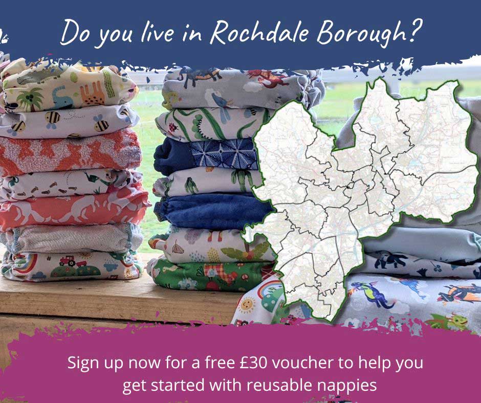 image of reusable nappies with a map of Rochdale Borough asking do you live in Rochdale Borough.