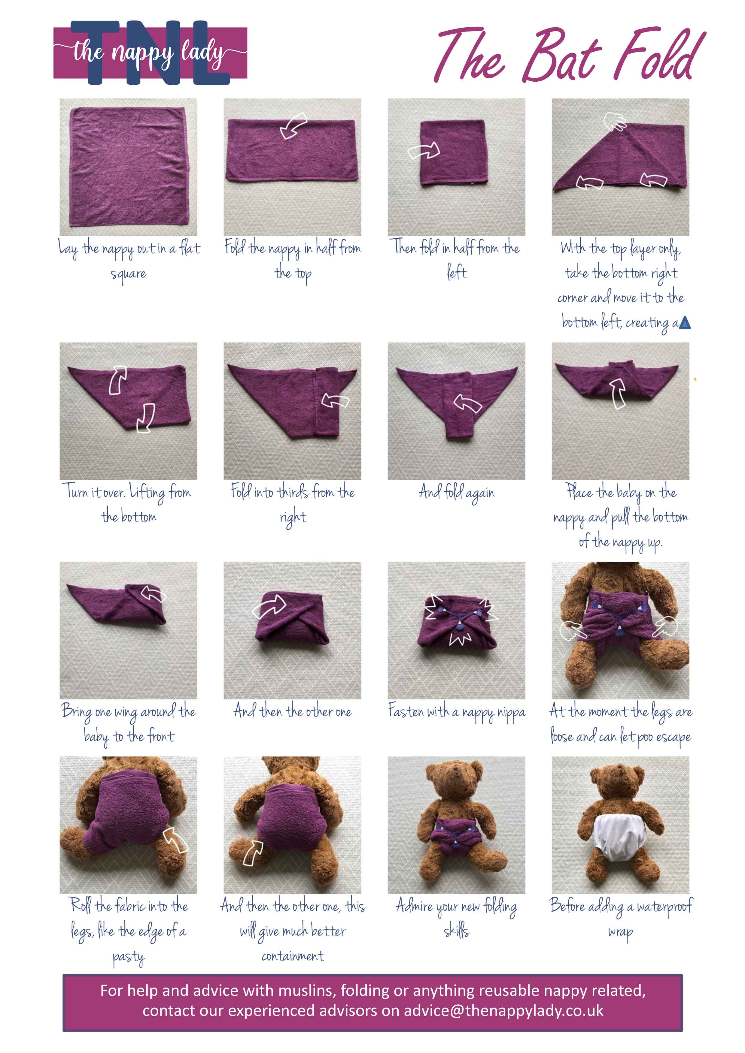 photo diagram of the bat fold for terry nappies
